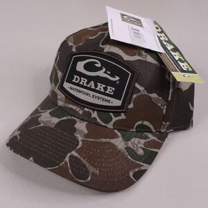 Drake Waterfowl Hat Camo 6 Panel Badge Snapback Ball Cap Old School Green NWT